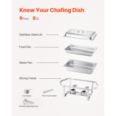 8 Qt 6 Pack Rectangle Chafing Dish Buffet Set Fullsize Pan Stainless Steel