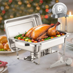 8 Qt 6 Pack Rectangle Chafing Dish Buffet Set Fullsize Pan Stainless Steel