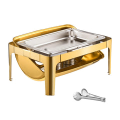Roll Top Chafing Dish Buffet Complete Set, 9Qt Stainless Steel Chafer with Full Size Pan, Rectangle Catering Warmer Server with Visible Lid Water Pan Folding Stand Fuel Holder Meal Clip, Gold