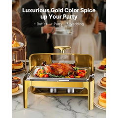 Roll Top Chafing Dish Buffet Complete Set, 9Qt Stainless Steel Chafer with Full Size Pan, Rectangle Catering Warmer Server with Visible Lid Water Pan Folding Stand Fuel Holder Meal Clip, Gold