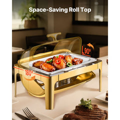 Roll Top Chafing Dish Buffet Complete Set, 9Qt Stainless Steel Chafer with Full Size Pan, Rectangle Catering Warmer Server with Visible Lid Water Pan Folding Stand Fuel Holder Meal Clip, Gold
