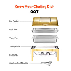 Roll Top Chafing Dish Buffet Complete Set, 9Qt Stainless Steel Chafer with Full Size Pan, Rectangle Catering Warmer Server with Visible Lid Water Pan Folding Stand Fuel Holder Meal Clip, Gold