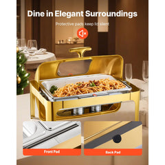 Roll Top Chafing Dish Buffet Complete Set, 9Qt Stainless Steel Chafer with Full Size Pan, Rectangle Catering Warmer Server with Visible Lid Water Pan Folding Stand Fuel Holder Meal Clip, Gold