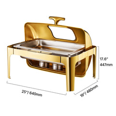Roll Top Chafing Dish Buffet Complete Set, 9Qt Stainless Steel Chafer with Full Size Pan, Rectangle Catering Warmer Server with Visible Lid Water Pan Folding Stand Fuel Holder Meal Clip, Gold