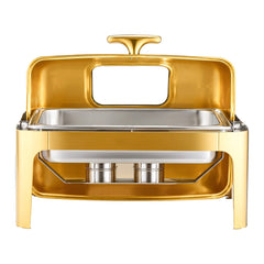 Roll Top Chafing Dish Buffet Complete Set, 9Qt Stainless Steel Chafer with Full Size Pan, Rectangle Catering Warmer Server with Visible Lid Water Pan Folding Stand Fuel Holder Meal Clip, Gold