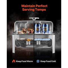 Roll Top Chafing Dish Buffet Complete Set, 9 Qt 1 Pack Stainless Steel Chafer with 2 Half Size Pans, Rectangle Catering Warmer Server with Visible Lid Water Pan Folding Stand Fuel Holder, Silver