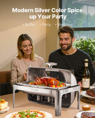 Roll Top Chafing Dish Buffet Complete Set, 9 Qt 1 Pack Stainless Steel Chafer with 2 Half Size Pans, Rectangle Catering Warmer Server with Visible Lid Water Pan Folding Stand Fuel Holder, Silver