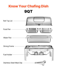 Roll Top Chafing Dish Buffet Complete Set, 9 Qt 1 Pack Stainless Steel Chafer with 2 Half Size Pans, Rectangle Catering Warmer Server with Visible Lid Water Pan Folding Stand Fuel Holder, Silver