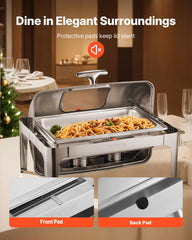 Roll Top Chafing Dish Buffet Complete Set, 9 Qt 1 Pack Stainless Steel Chafer with 2 Half Size Pans, Rectangle Catering Warmer Server with Visible Lid Water Pan Folding Stand Fuel Holder, Silver