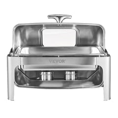 Roll Top Chafing Dish Buffet Complete Set, 9 Qt 1 Pack Stainless Steel Chafer with 2 Half Size Pans, Rectangle Catering Warmer Server with Visible Lid Water Pan Folding Stand Fuel Holder, Silver