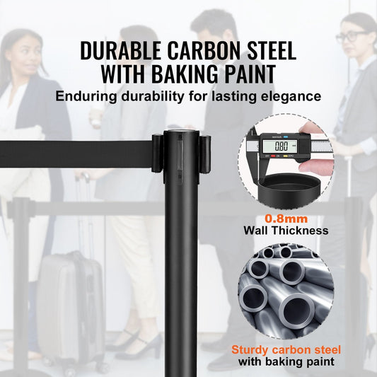 Crowd Control Stanchions, 2-Pack Crowd Control Barriers, Carbon Steel Baking Painted Stanchion Queue Post with 11FT Black Retractable Belt, Belt Barriers Line Divider for Exhibition, Airport
