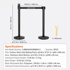 Crowd Control Stanchions, 2-Pack Crowd Control Barriers, Carbon Steel Baking Painted Stanchion Queue Post with 11FT Black Retractable Belt, Belt Barriers Line Divider for Exhibition, Airport