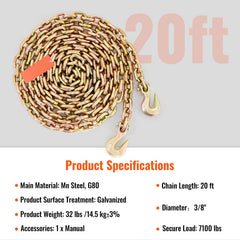 Transport Binder Chain, 220 kg Working Load Limit, 3/8'' x 20' G80 Tow Chain Tie Down with Grab Hooks, DOT Certified, Galvanized Coating Manganese Steel for Dock Factory Construction Site
