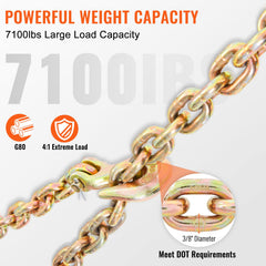 Transport Binder Chain, 220 kg Working Load Limit, 3/8'' x 20' G80 Tow Chain Tie Down with Grab Hooks, DOT Certified, Galvanized Coating Manganese Steel for Dock Factory Construction Site