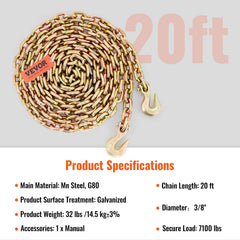Transport Binder Chain, 220 kg Working Load Limit, 3/8'' x 20' G80 Tow Chain Tie Down with Grab Hooks, DOT Certified, Galvanized Coating Manganese Steel for Dock Factory Construction Site