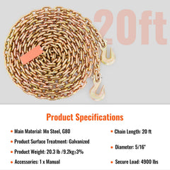 Transport Binder Chain, 2222 kg Working Load Limit, G80 Tow Chain Tie Down with Grab Hooks, DOT Certified, Galvanized Coating Manganese Steel for Dock Factory Construction Site