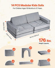 Modular Kids Play Couch, Sectional Toddler Sofa with Armrests, 28D Sponge & Short Pile, Convertible Kids Modular Couch DIY Creative Combination for Playroom, Bedroom, Living Room, 14 Pcs, Gray