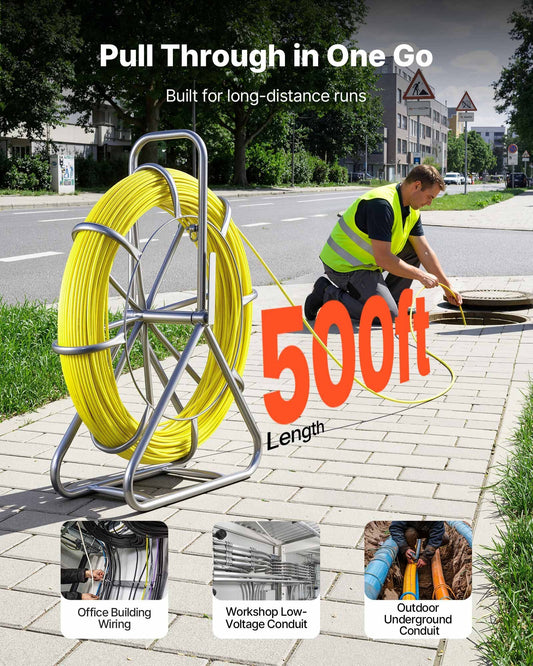 Fish Tape Fiberglass, 152M 6.3MM, Duct Rodder Fishtape Wire Puller with Stand, Cable Running Rod with Locking Mechanism, Fishing Tools, for Walls Floor and Electrical Conduit, Non-Conductive
