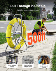 Fish Tape Fiberglass, 152M 6.3MM, Duct Rodder Fishtape Wire Puller with Stand, Cable Running Rod with Locking Mechanism, Fishing Tools, for Walls Floor and Electrical Conduit, Non-Conductive
