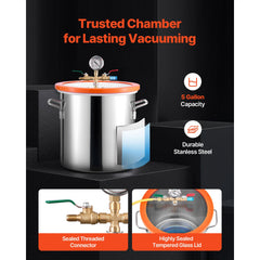 18.93 L Vacuum Chamber with Pump, 3.5 CFM 99 L/min, Single Stage Vacuum Pump, Stainless Steel Degassing Chamber Kit, Tempered Glass Lid, 1.5 m Hose, for Stabilizing Wood Degassing Silicone Resin