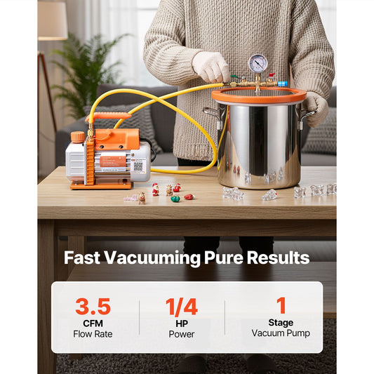 11.36 L Vacuum Chamber with Pump, 3.5 CFM 99 L/min, Single Stage Vacuum Pump, Stainless Steel Degassing Chamber Kit, Tempered Glass Lid, 1.5 m Hose, for Stabilizing Wood Degassing Silicone Resin