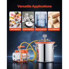 11.36 L Vacuum Chamber with Pump, 3.5 CFM 99 L/min, Single Stage Vacuum Pump, Stainless Steel Degassing Chamber Kit, Tempered Glass Lid, 1.5 m Hose, for Stabilizing Wood Degassing Silicone Resin