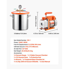 11.36 L Vacuum Chamber with Pump, 3.5 CFM 99 L/min, Single Stage Vacuum Pump, Stainless Steel Degassing Chamber Kit, Tempered Glass Lid, 1.5 m Hose, for Stabilizing Wood Degassing Silicone Resin