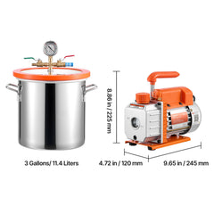 11.36 L Vacuum Chamber with Pump, 3.5 CFM 99 L/min, Single Stage Vacuum Pump, Stainless Steel Degassing Chamber Kit, Tempered Glass Lid, 1.5 m Hose, for Stabilizing Wood Degassing Silicone Resin