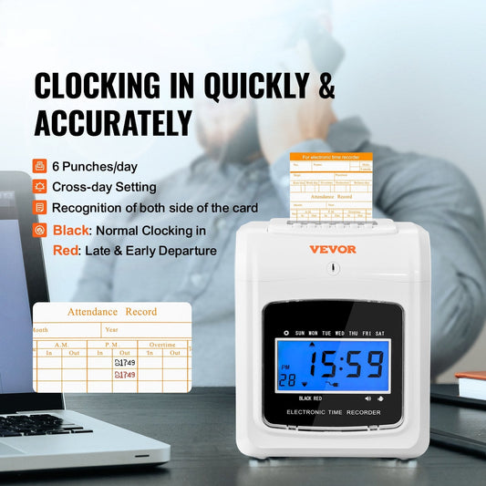 Punch Time Clock, Time Tracker Machine for Employees of Small Business, 6 Punches per Day, Time Clock Punch Machine Includes 102 Time Cards, 1 Ink Ribbon and 2 Security Keys