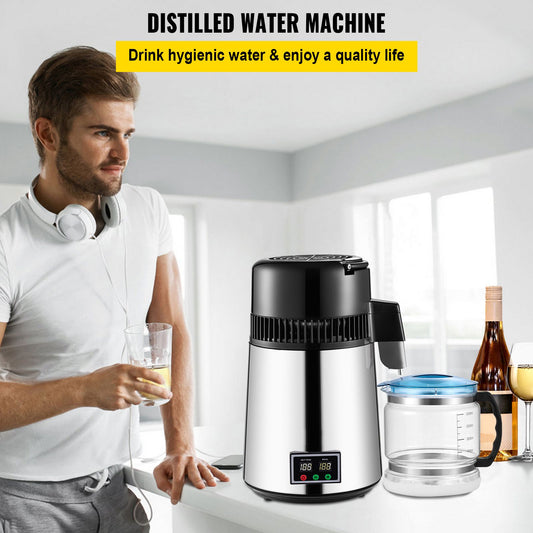 1.1 Gal Water Distiller, 0.3 Gal/H, 750W Distilled Water Maker Machine 0-99H Timing Set Temp Display, 304 Stainless Steel Countertop Distiller Glass Carafe Cleaning Powder 3 Carbon Packs, Silver