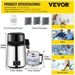 1.1 Gal Water Distiller, 0.3 Gal/H, 750W Distilled Water Maker Machine 0-99H Timing Set Temp Display, 304 Stainless Steel Countertop Distiller Glass Carafe Cleaning Powder 3 Carbon Packs, Silver