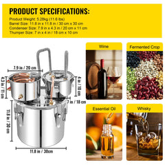 Moonshine Still 5 Gal 21L Stainless Steel Water Alcohol Distiller Copper Tube Home Brewing Kit Build-in Thermometer for DIY Whisky Wine Brandy, 5GAL, 3 pots