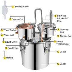 Moonshine Still 5 Gal 21L Stainless Steel Water Alcohol Distiller Copper Tube Home Brewing Kit Build-in Thermometer for DIY Whisky Wine Brandy, 5GAL, 3 pots
