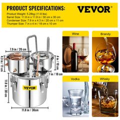 Moonshine Still 5 Gal 21L Stainless Steel Water Alcohol Distiller Copper Tube Home Brewing Kit Build-in Thermometer for DIY Whisky Wine Brandy, 5GAL, 3 pots