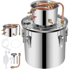 Moonshine Still 5 Gal 21L Stainless Steel Water Alcohol Distiller Copper Tube Home Brewing Kit Build-in Thermometer for DIY Whisky Wine Brandy, 5Gal, Silver