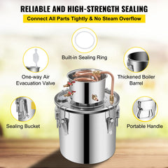 Moonshine Still 5 Gal 21L Stainless Steel Water Alcohol Distiller Copper Tube Home Brewing Kit Build-in Thermometer for DIY Whisky Wine Brandy, 5Gal, Silver