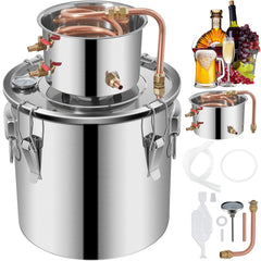 Moonshine Still 5 Gal 21L Stainless Steel Water Alcohol Distiller Copper Tube Home Brewing Kit Build-in Thermometer for DIY Whisky Wine Brandy, 5Gal, Silver
