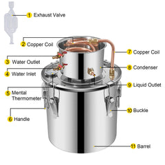 Moonshine Still 5 Gal 21L Stainless Steel Water Alcohol Distiller Copper Tube Home Brewing Kit Build-in Thermometer for DIY Whisky Wine Brandy, 5Gal, Silver