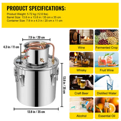Moonshine Still 9.6Gal 38L Stainless Steel Water Alcohol Distiller Copper Tube Home Brewing Kit Build-in Thermometer for DIY Whisky Wine Brandy, Sliver