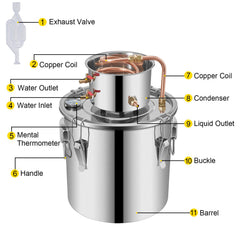 Moonshine Still 9.6Gal 38L Stainless Steel Water Alcohol Distiller Copper Tube Home Brewing Kit Build-in Thermometer for DIY Whisky Wine Brandy, Sliver