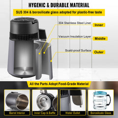 Home Water Distiller Distilled Water Maker 4 L with Dual Temp Display Grey
