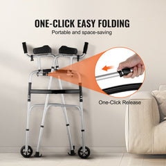 2 in 1 Folding Walker & Removable Armrests, Height Adjustable Foldable Walker with 5" Solid Wheels, Lightweight Aluminum | Front Wheeled Mobility Aid for Elderly Handicapped Disabled, 450 Pounds