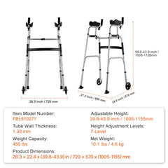 2 in 1 Folding Walker & Removable Armrests, Height Adjustable Foldable Walker with 5" Solid Wheels, Lightweight Aluminum | Front Wheeled Mobility Aid for Elderly Handicapped Disabled, 450 Pounds