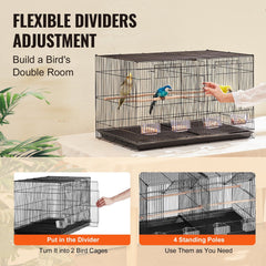 Bird Cage, 18 in, Small Parakeet Cage with Divider, Sturdy Metal Bird Flight Cage, Travel Birdcage with 5 Perches & 4 Feeding Cups, Parrot Cage for Canaries Lovebirds Cockatiels Budgie, Black