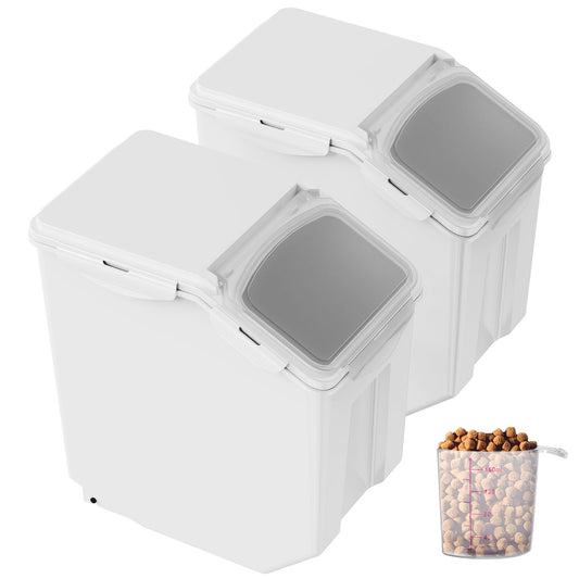 Ingredient Storage Bin, 2 x 15L Dispenser Bin with 2 Measuring Cups, Attachable Casters and Airtight Lid, 2 Pcs/Set Dog Pet Food Storage Container, PP Material Kitchen Rice Cereal Flour Bin