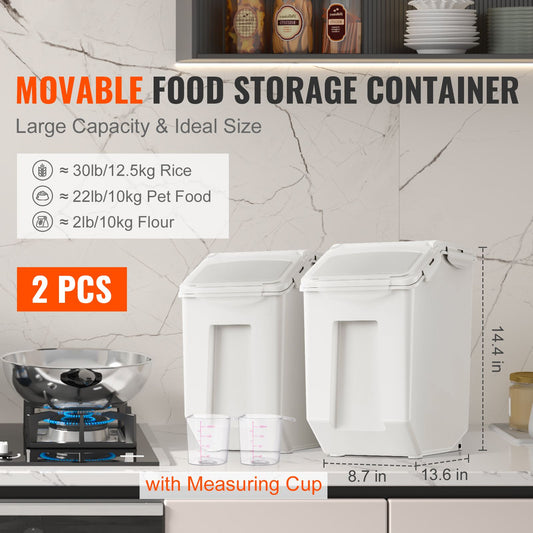 Ingredient Storage Bin, 2 x 15L Dispenser Bin with 2 Measuring Cups, Attachable Casters and Airtight Lid, 2 Pcs/Set Dog Pet Food Storage Container, PP Material Kitchen Rice Cereal Flour Bin