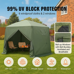 Pop Up Gazebo Tent, Pop-Up Screen Tent 6 Sided Canopy Sun Shelter with 6 Removable Privacy Wind Cloths & Mesh Windows, 10x10FT Quick Set Screen Tent with Mosquito Netting, Army Green