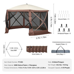 Pop Up Gazebo Tent, Pop-Up Screen Tent 6 Sided Canopy Sun Shelter with 6 Removable Privacy Wind Cloths & Mesh Windows, 11.5x11.5FT Quick Set Screen Tent with Mosquito Netting, Brown