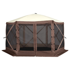 Pop Up Gazebo Tent, Pop-Up Screen Tent 6 Sided Canopy Sun Shelter with 6 Removable Privacy Wind Cloths & Mesh Windows, 11.5x11.5FT Quick Set Screen Tent with Mosquito Netting, Brown