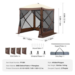 Pop Up Gazebo Tent, Pop-Up Screen Tent 4 Sided Canopy Sun Shelter with 4 Removable Privacy Wind Cloths & Mesh Windows, 6x6FT Quick Set Screen Tent with Mosquito Netting, Brown
